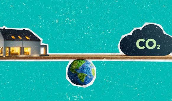 House and CO2 cloud balancing on a wooden plank above the world globe
