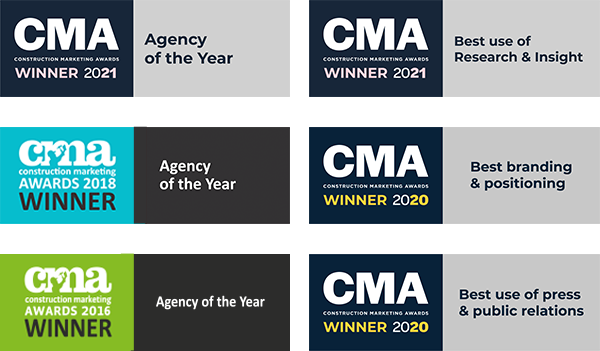 Images of logos of various Construction Marketing Awards that Fabrick has won between 2016 and 2021