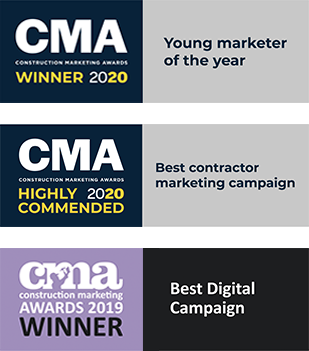 Images of various Construction Marketing Awards logos for awards Fabrick won between 2019 and 2020