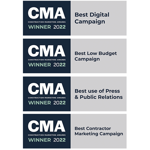 Images of logos of various Construction Marketing Awards that Fabrick has won between 2016 and 2021