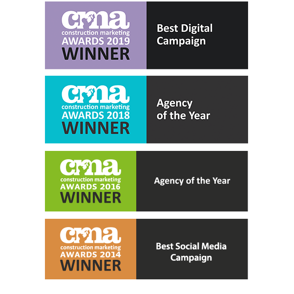 Images of various Construction Marketing Awards logos for awards Fabrick won between 2019 and 2020