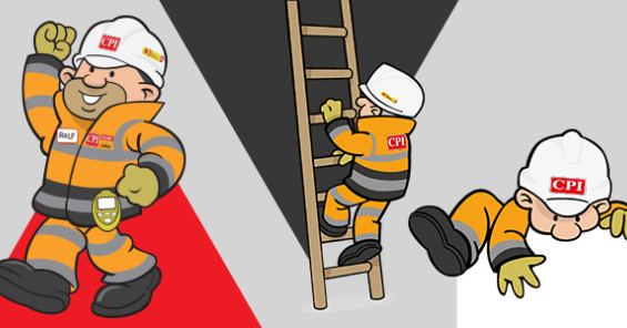 Illustrations of CPI's character, RaLF climbing up a ladder, climbing over a wall and walking along in full PPE clothing