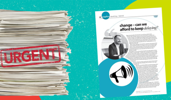 A pile of papers with an URGENT sign across them and a copy of October's ABC&D spotlight article written by Fabrick's MD, David Ing