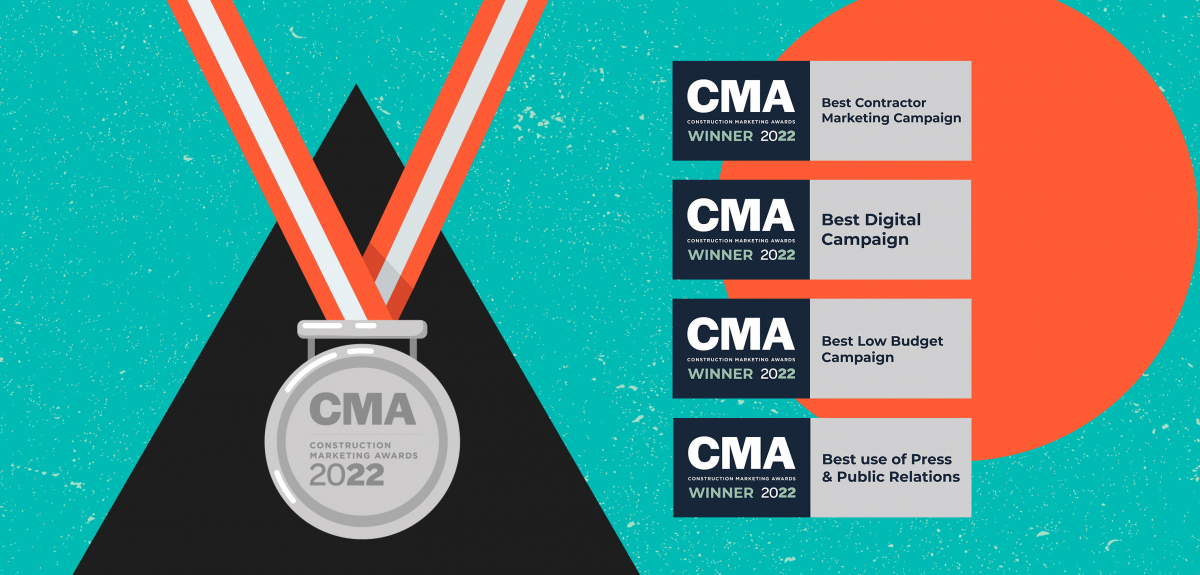 A medal and four Construction Marketing Awards 2022 logos