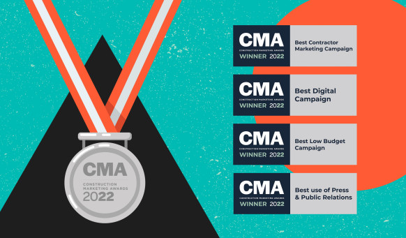 A medal and four Construction Marketing Awards 2022 logos