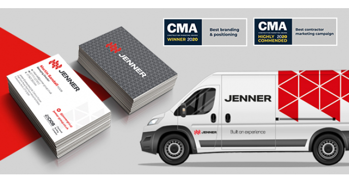 Image of a van and business cards illustrating Jenner's new branding and logo