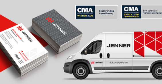 Image of a van and business cards illustrating Jenner's new branding and logo