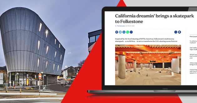 Image of a laptop screen showing some PR coverage Fabrick's construction PR team achieved for Jenner Group on the F51 skatepark project and a photo of the exterior of F51 in Folkestone, Kent