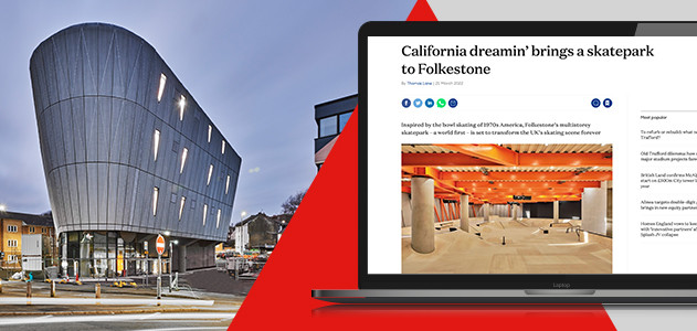 Image of a laptop screen showing some PR coverage Fabrick's construction PR team achieved for Jenner Group on the F51 skatepark project and a photo of the exterior of F51 in Folkestone, Kent