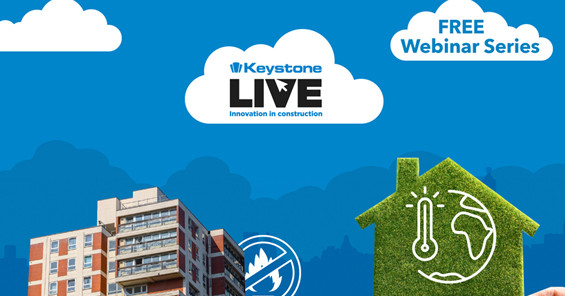 Blue background with a white cloud displaying the Keystone Live logo. House made from grass and a cut-out of a commercial building