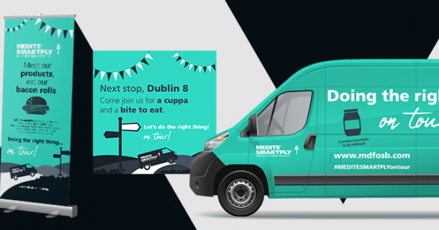 Branded images of MEDITE SMARTPLY's van, pop-up banners and social media infographics used to promote the UK and Ireland 'doing the right thing' tour