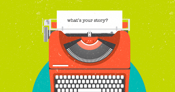 Fabrick typewriter with the message 'what's your story' typed onto a sheet of paper