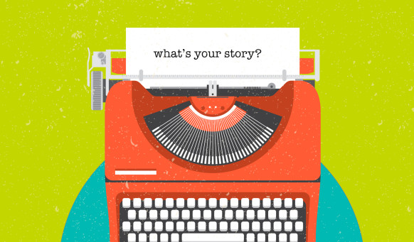 Fabrick typewriter with the message 'what's your story' typed onto a sheet of paper