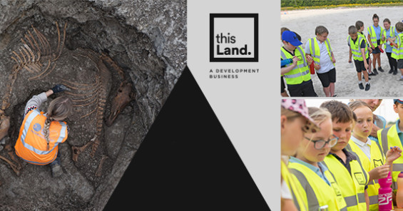 School children from Burwell dressed in construction PPE visiting an archaeological dig where bones from the bronze age are discovered