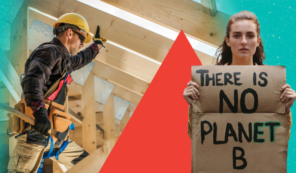 Construction worker on site and a young lady holding a climate change poster