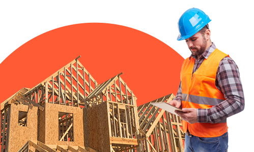 Timber frame building and male construction worker wearing PPE equipment