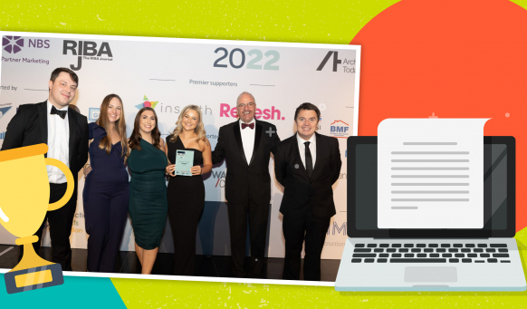 Fabrick's Rebecca Dixon, Amelia Spence, Lynsey Bienati and Colin Felton are joined by members of Pexhurst at the 2022 Construction Marketing Awards