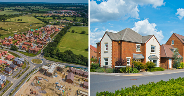 Aerial shot of modern housing development and close-up images of modern houses